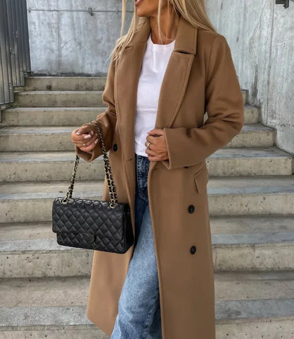 Lange Wool Coat Voor Dames Met Ceintuur En Dubbele Knoopsluiting