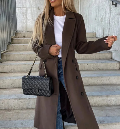 Lange Wool Coat Voor Dames Met Ceintuur En Dubbele Knoopsluiting