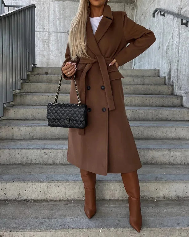 Lange Wool Coat Voor Dames Met Ceintuur En Dubbele Knoopsluiting