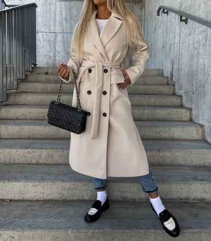 Lange Wool Coat Voor Dames Met Ceintuur En Dubbele Knoopsluiting