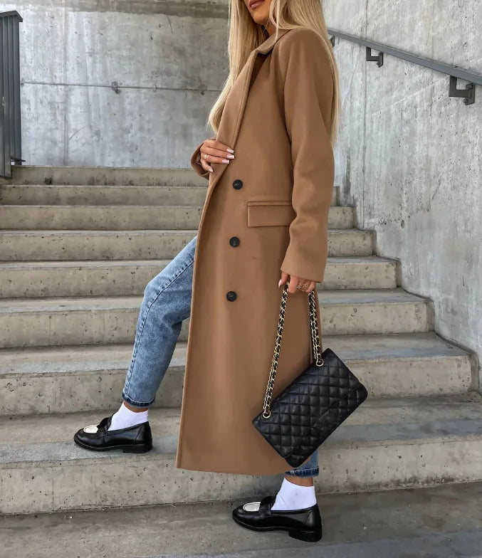 Lange Wool Coat Voor Dames Met Ceintuur En Dubbele Knoopsluiting