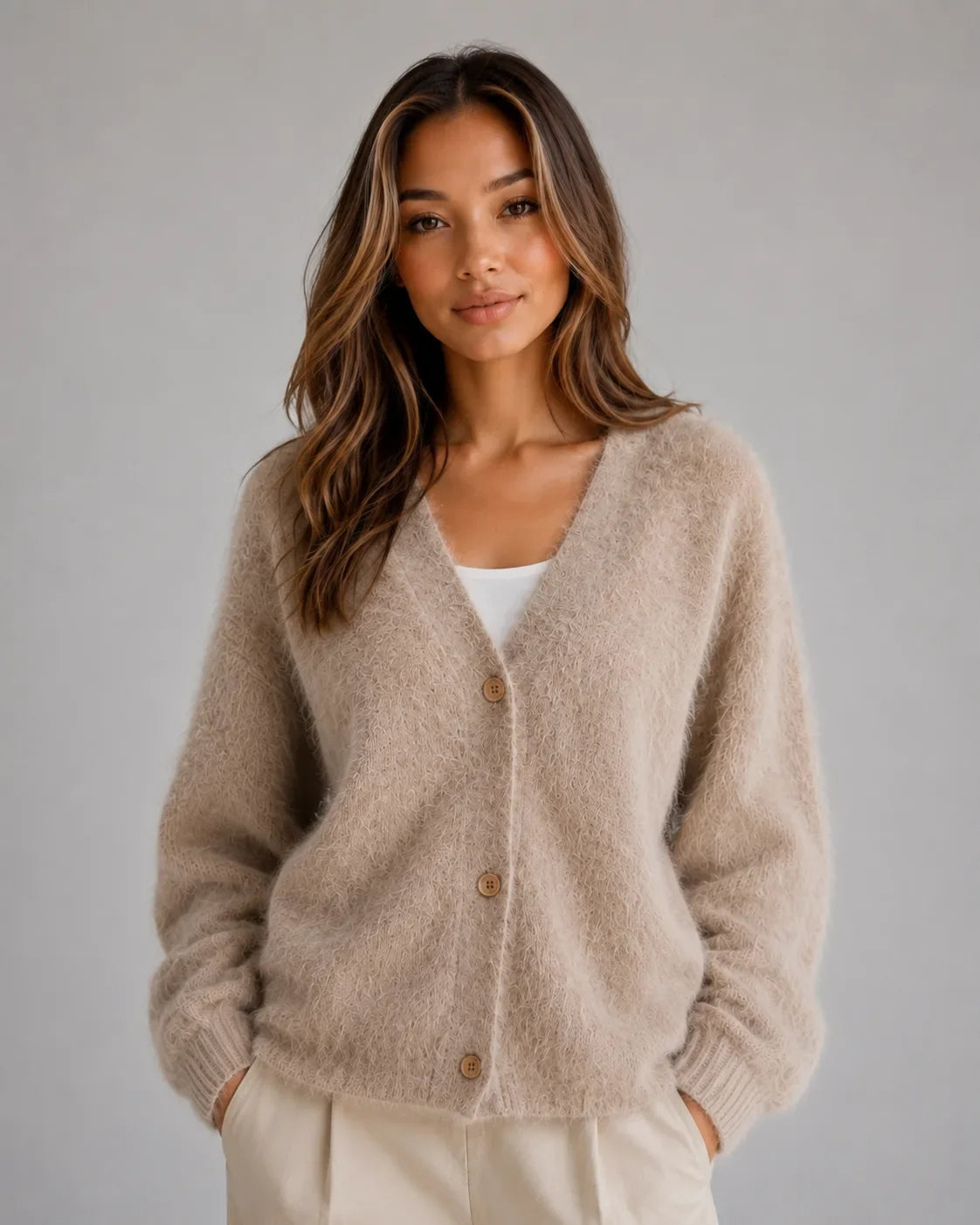 Zachte Dames Cardigan Met V-Hals En Knopen