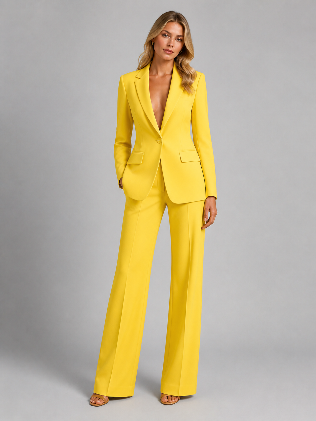 Dames Tweedelige Blazer Set Met Getailleerde Taille En Wijde Broek