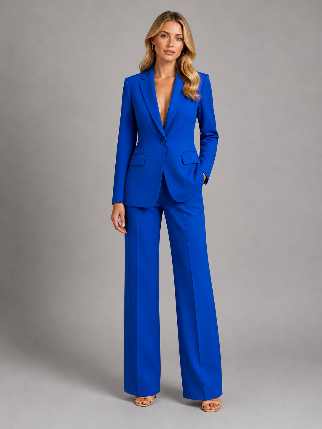 Dames Tweedelige Blazer Set Met Getailleerde Taille En Wijde Broek