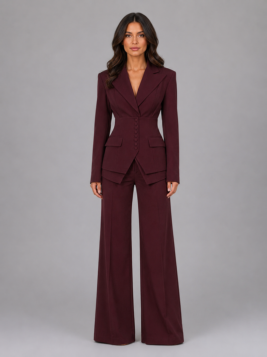 Tweedelig Damespak Met Getailleerde Blazer & Wide Leg Broek