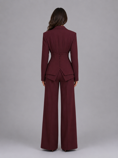 Women’s Tailored Two-Piece Suit – Cinched Waist & Wide-Leg Trousers