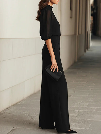 Luxe Dames Jumpsuit Met Transparante Mouwen En Wijde Pijpen