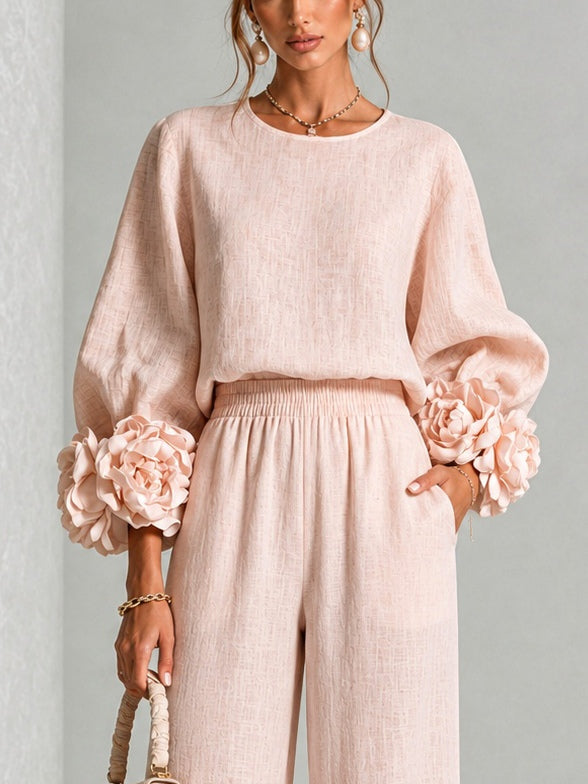 Chique Co-ord Set Dames – Blouse Met Bloemen & Wijde Broek