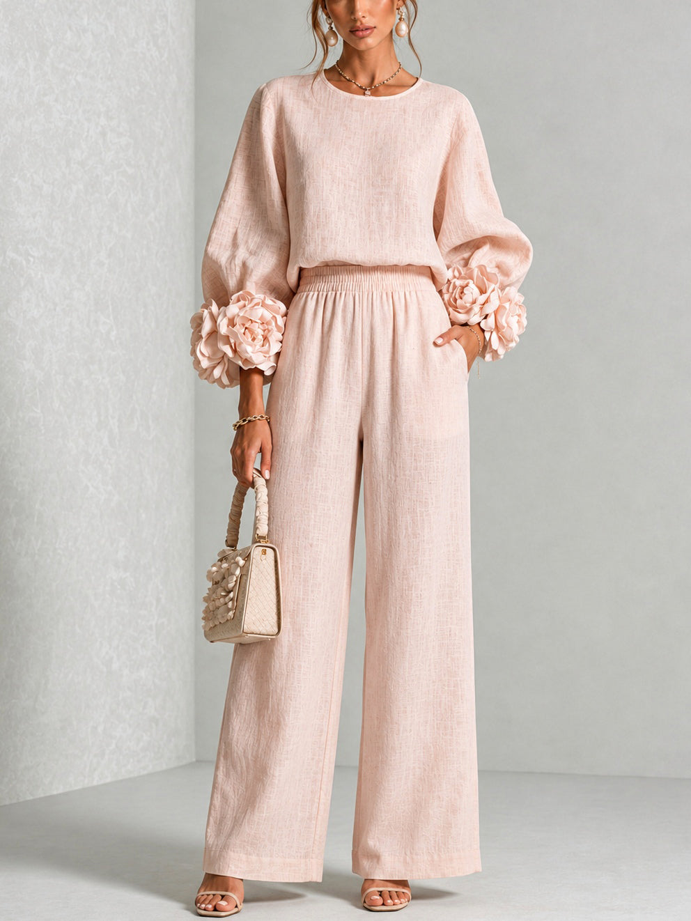 Chique Co-ord Set Dames – Blouse Met Bloemen & Wijde Broek
