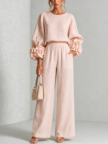 Chique Co-ord Set Dames – Blouse Met Bloemen & Wijde Broek