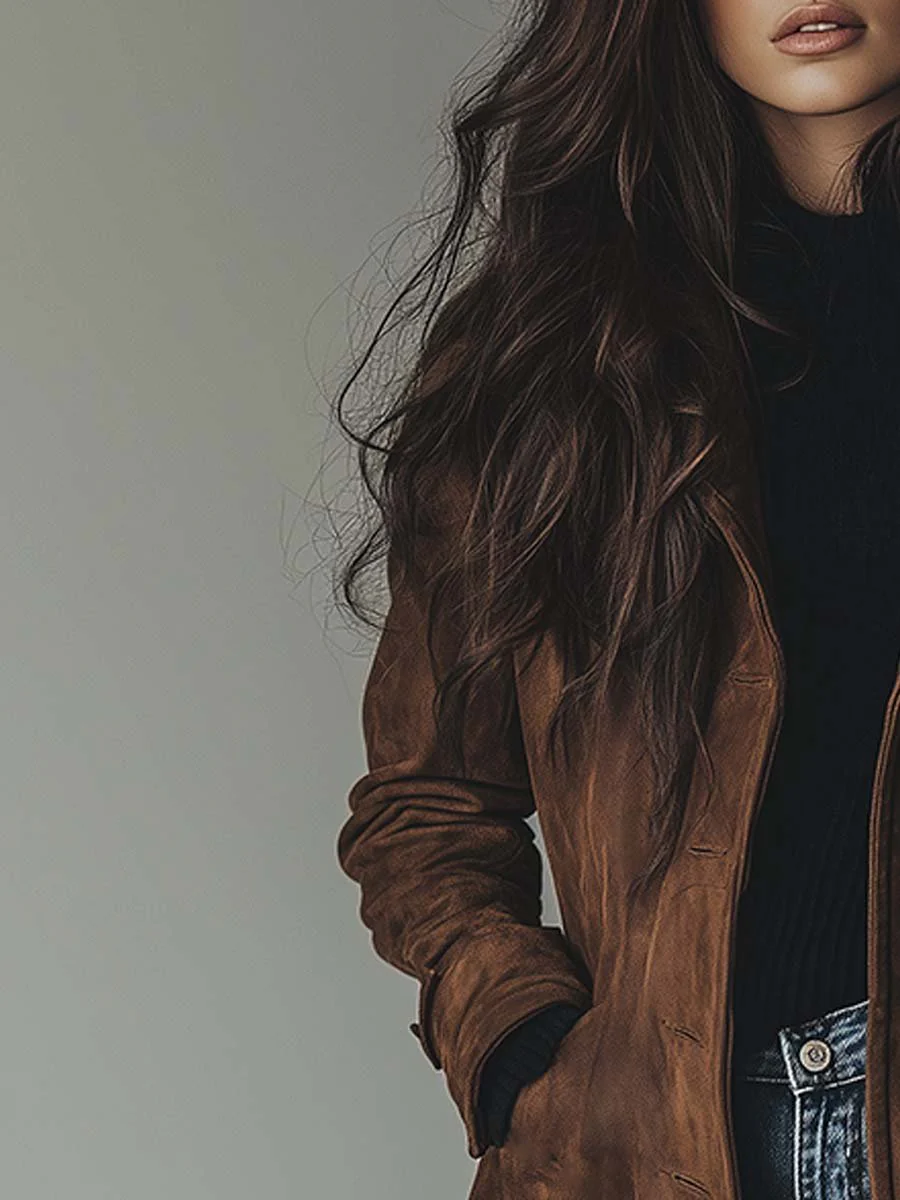 Suède Look Jas Dames – Lange Vintage Mantel & Tussenjas
