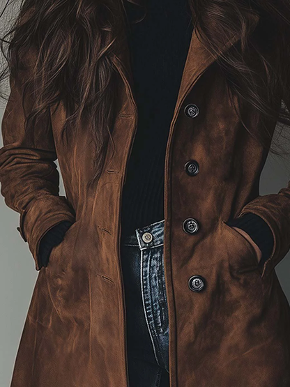 Suède Look Jas Dames – Lange Vintage Mantel & Tussenjas