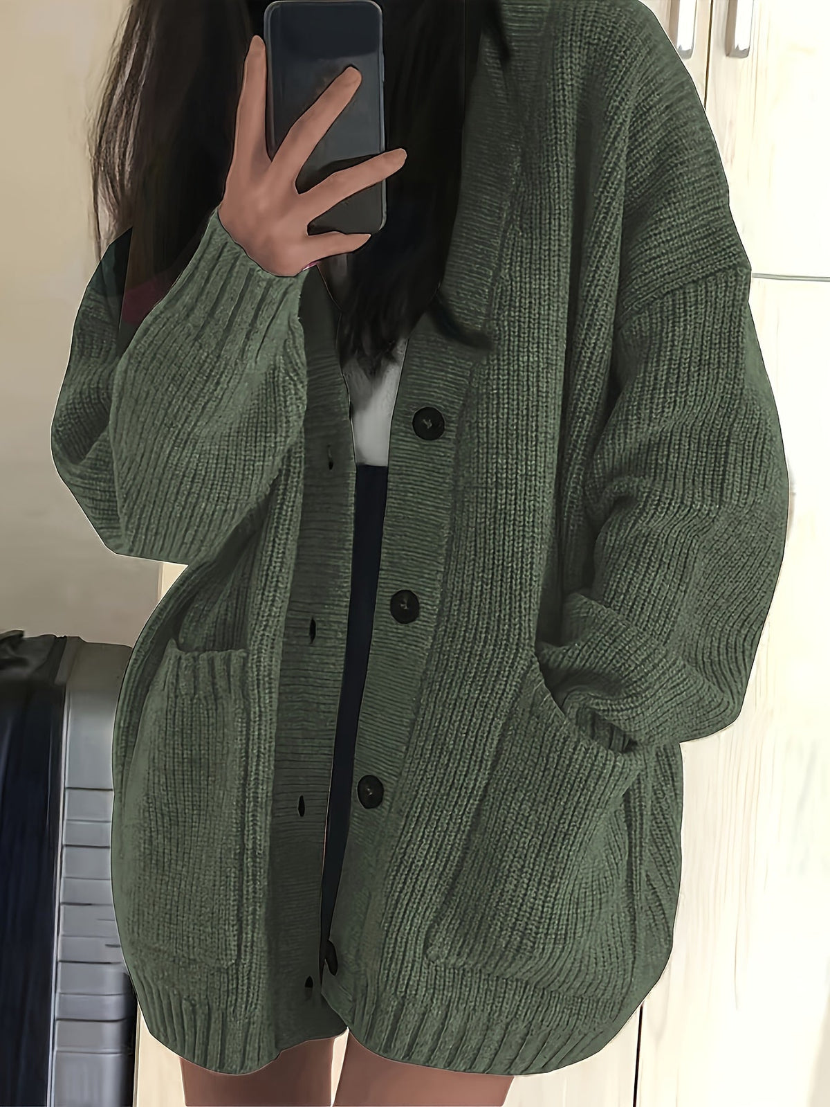 Lange Oversized Dames Cardigan Met V-Hals En Opgestikte Zakken