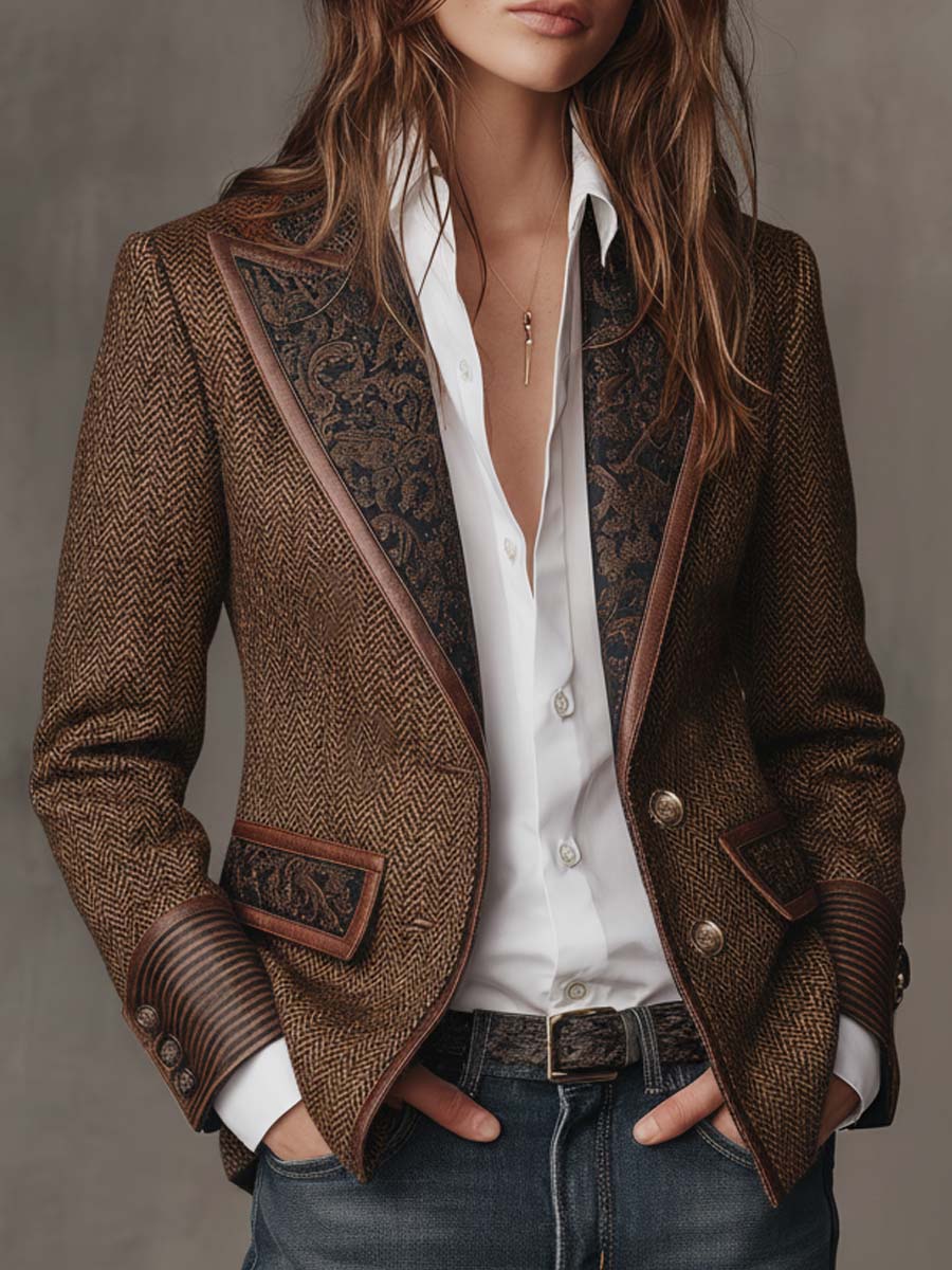 Vintage Blazer Dames – Visgraat Colbert Met Borduursel