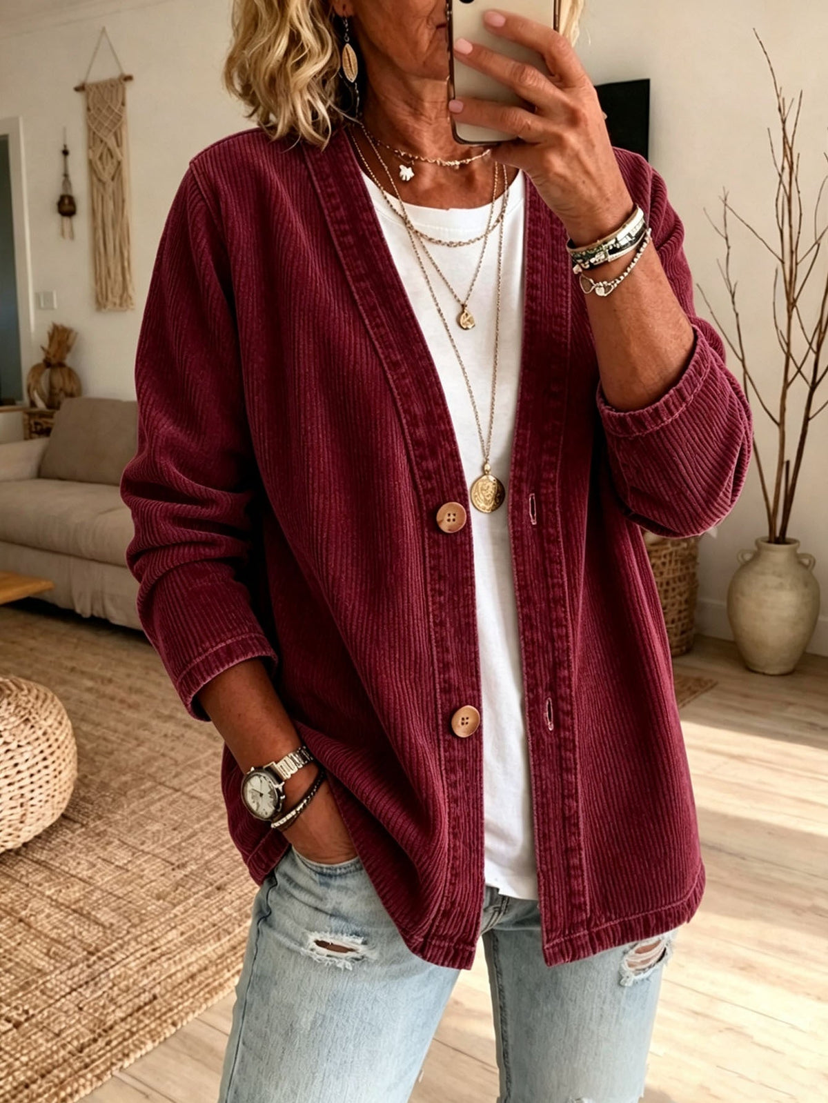 Corduroy Vest Dames – Cardigan Met V-Hals En Ribstructuur