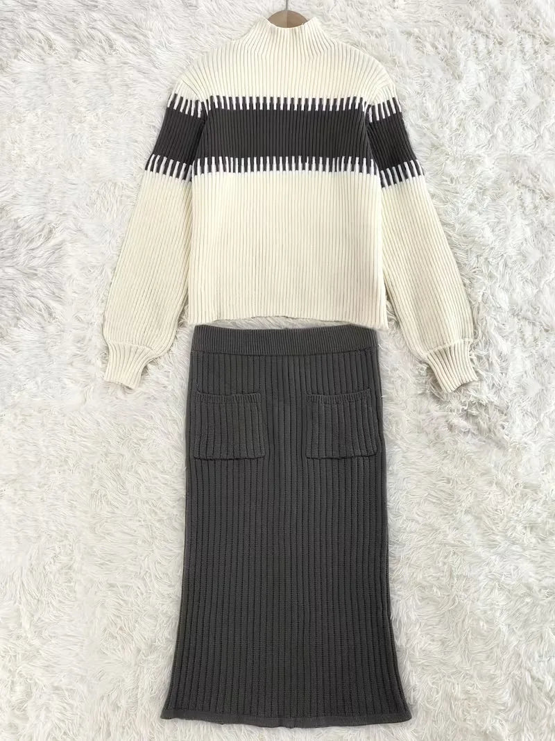 Tweedelige Ribgebreide Set Dames – Trui & Bijpassende Rok