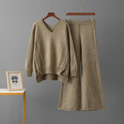 Gebreide Set Dames – Kabeltrui Met V-Hals & Wijde Broek