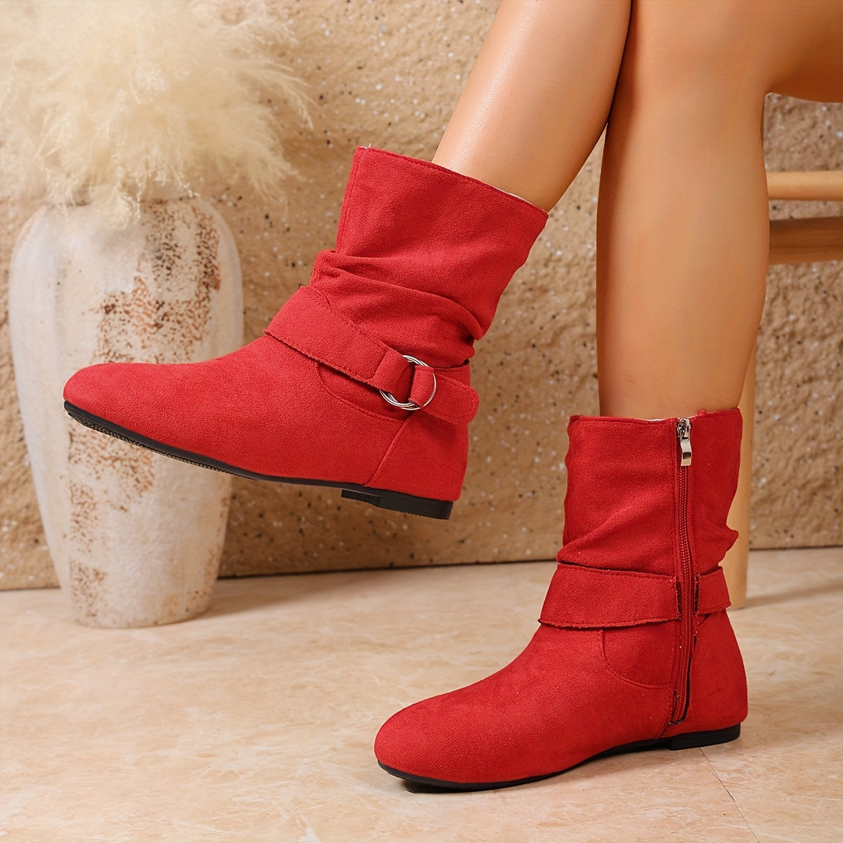 Enkellaarzen Dames – Boots Met Gesp En Plooien