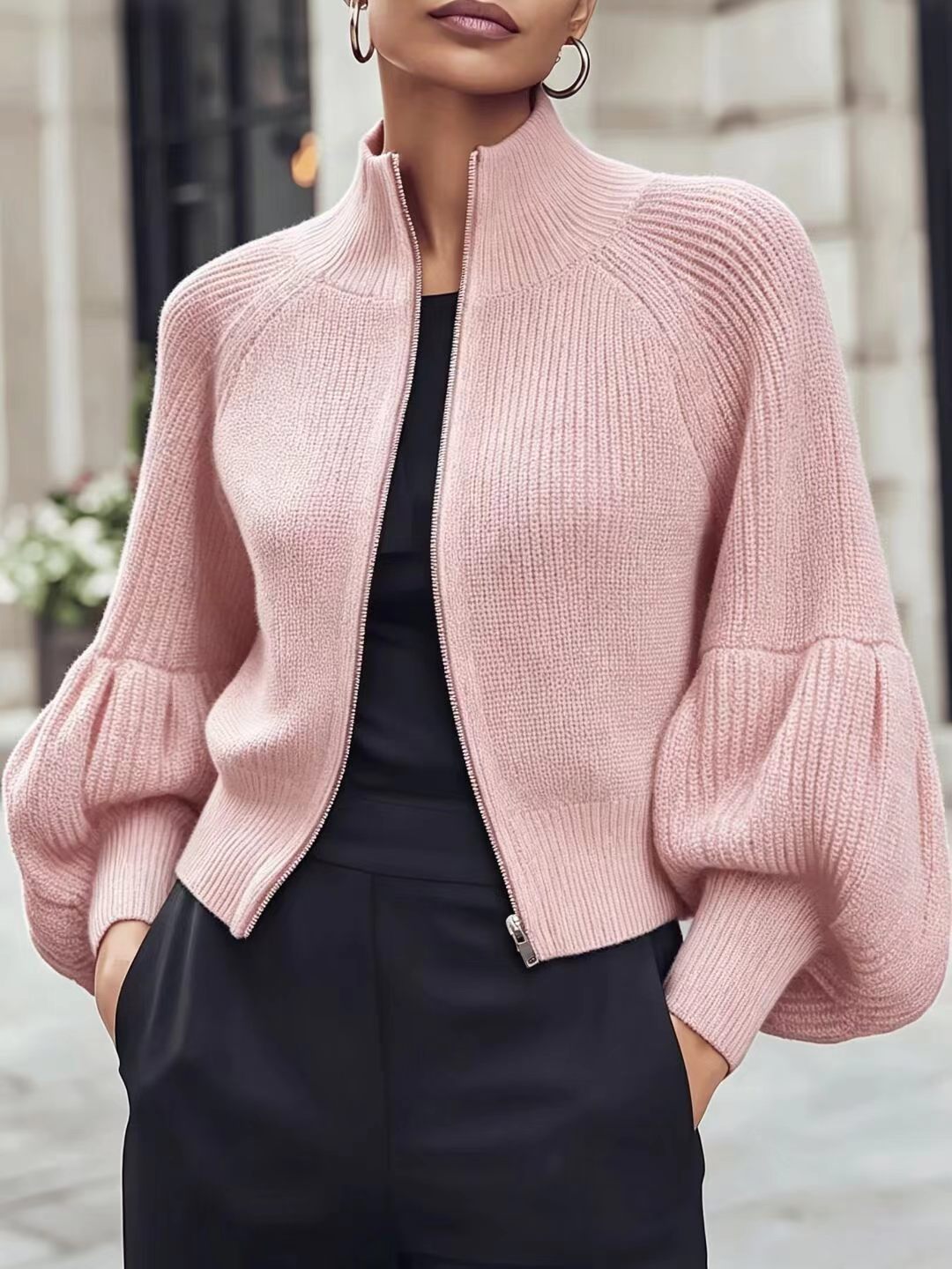 Kort Gebreid Vest Dames – Cropped Cardigan Met Pofmouwen