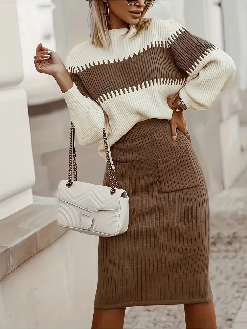 Tweedelige Ribgebreide Set Dames – Trui & Bijpassende Rok
