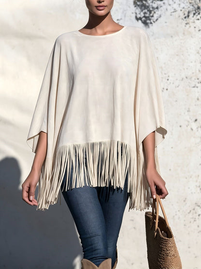 Losvallende Blouse Dames Met Franjes – Top Met Ronde Hals