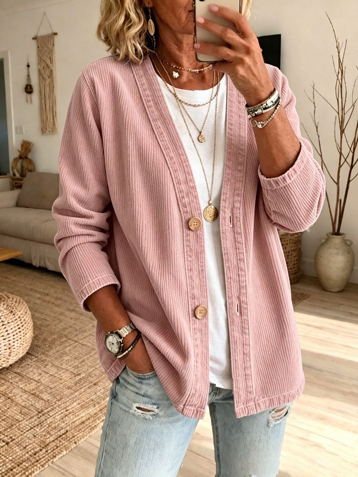 Corduroy Vest Dames – Cardigan Met V-Hals En Ribstructuur
