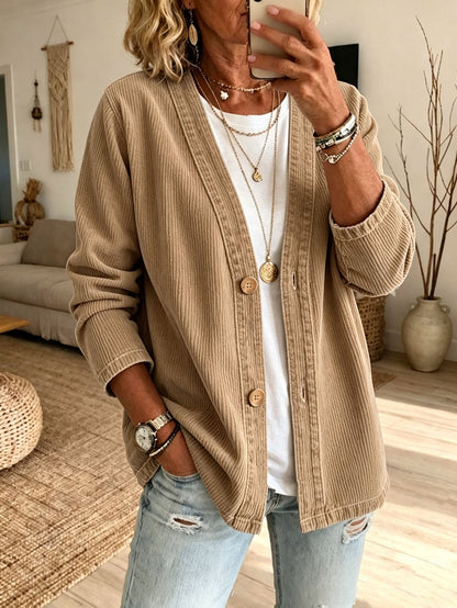 Corduroy Vest Dames – Cardigan Met V-Hals En Ribstructuur