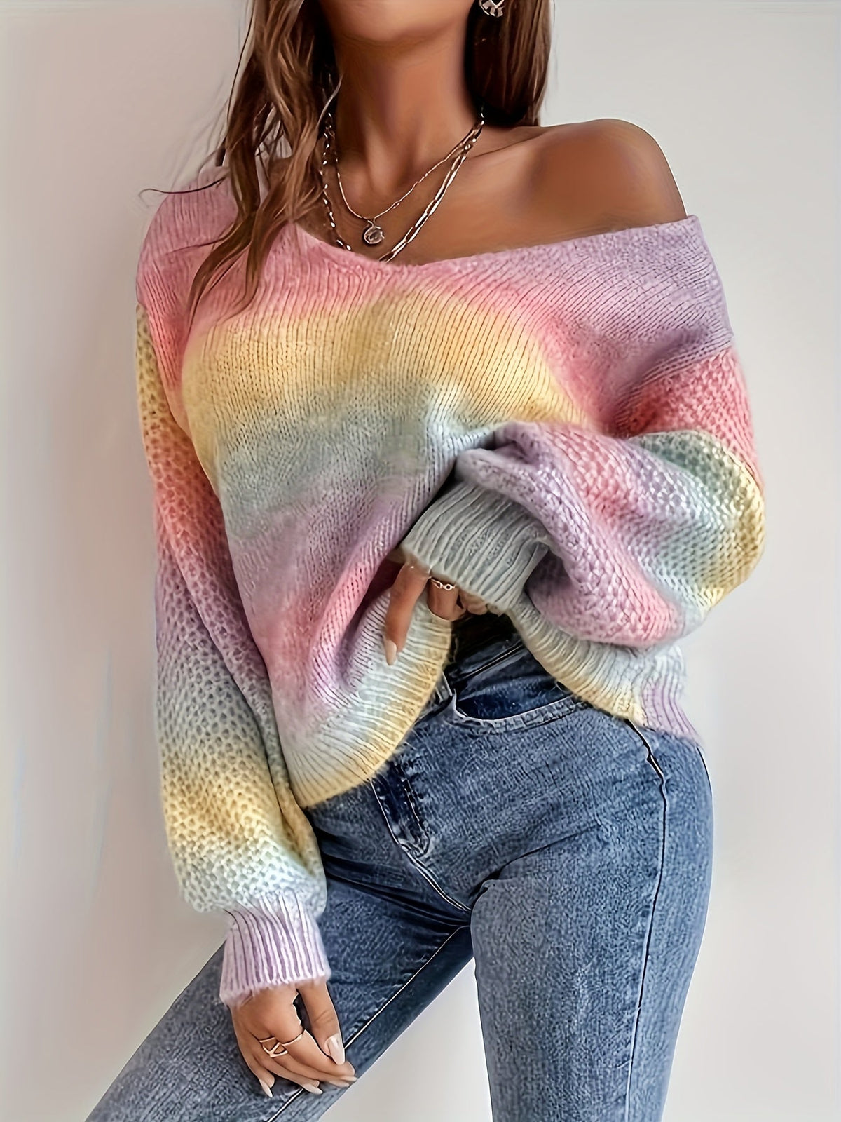Off-Shoulder Trui Dames – Gebreide Sweater Met Kleurverloop