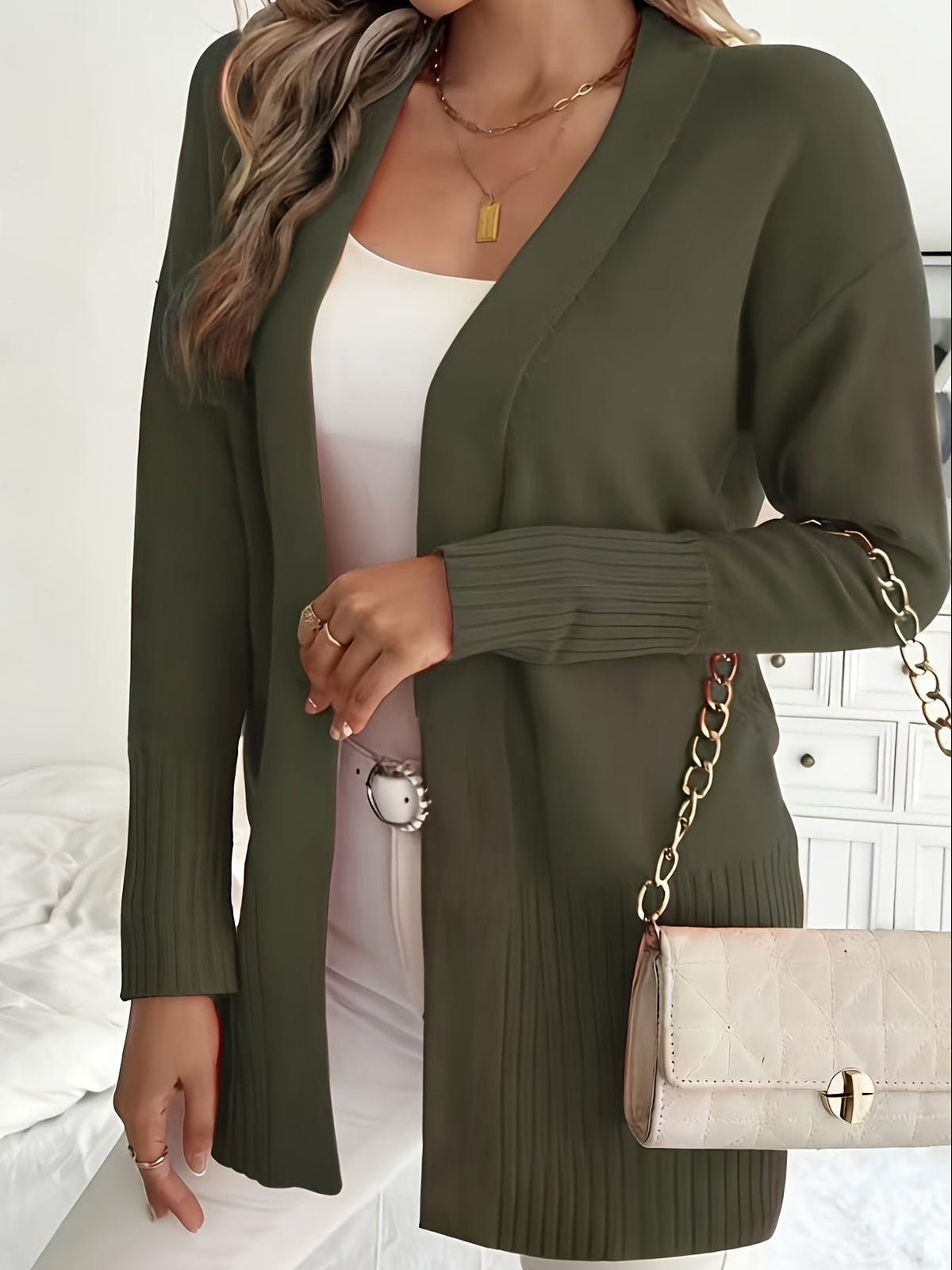 Zachte Dames Cardigan Met Lange Mouwen En Geribde Boorden
