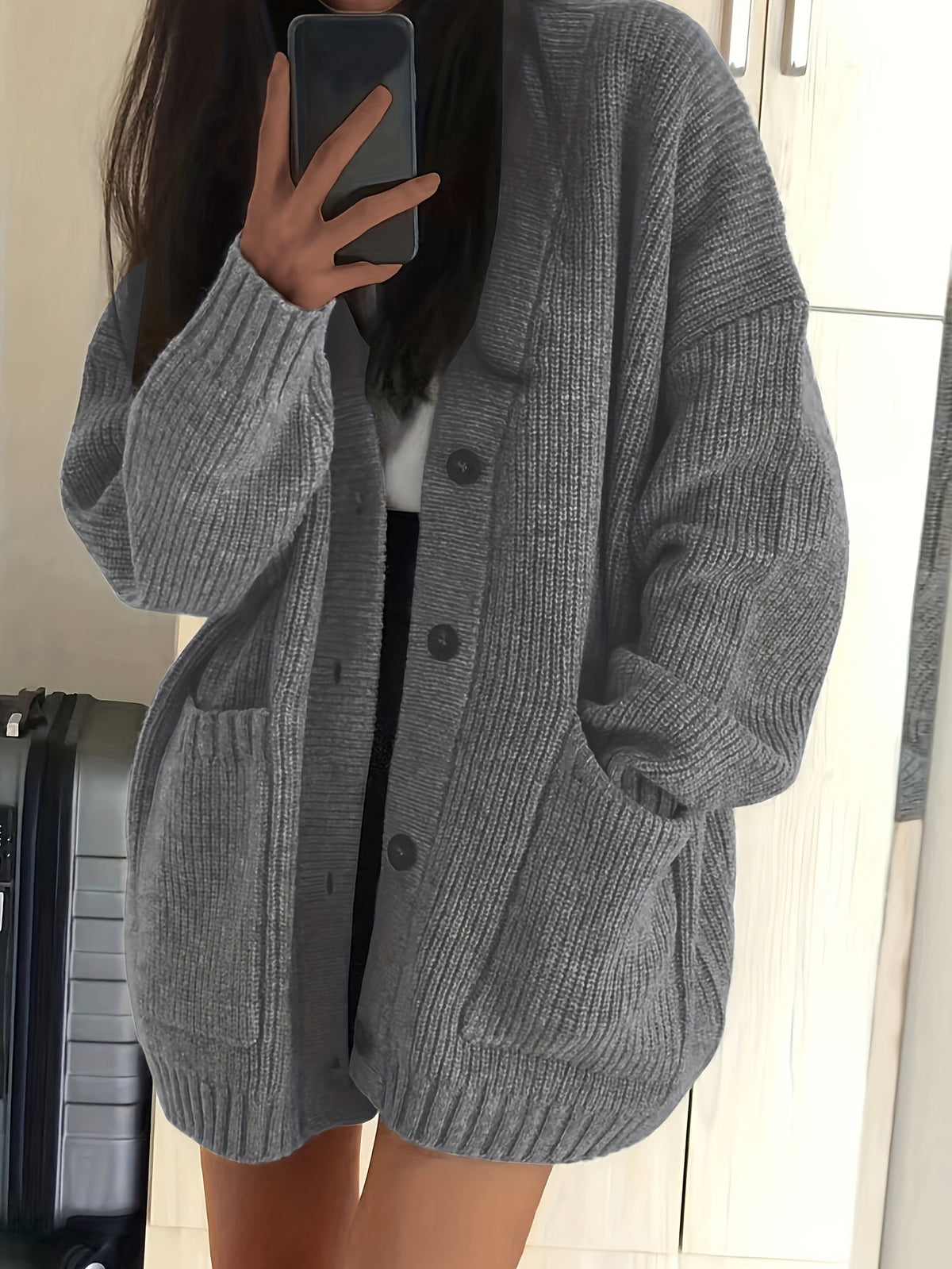 Lange Oversized Dames Cardigan Met V-Hals En Opgestikte Zakken