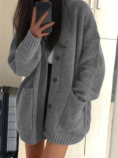 Lange Oversized Dames Cardigan Met V-Hals En Opgestikte Zakken