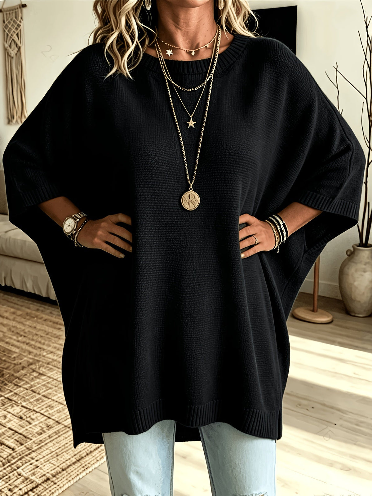 Oversized Trui Dames – Fijngebreide Trui Met Vleermuismouwen