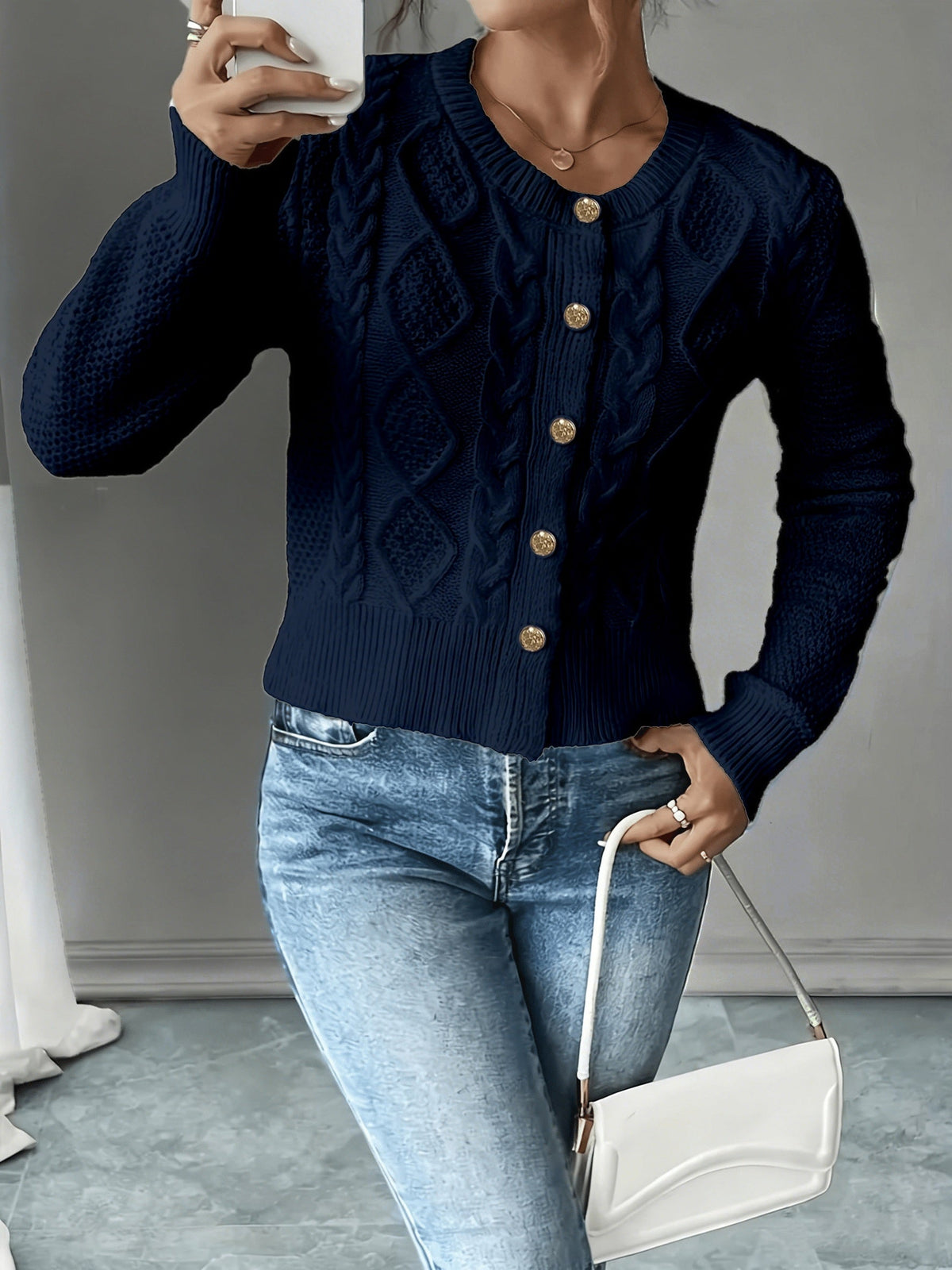 Dames Gebreid Korte Cardigan Met Kabelpatroon En Gouden Knopen