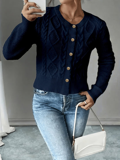 Dames Gebreid Korte Cardigan Met Kabelpatroon En Gouden Knopen