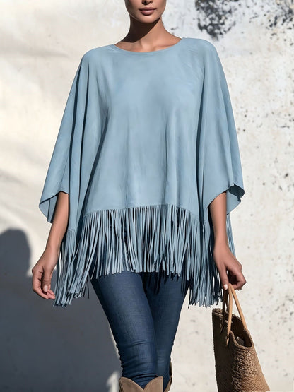 Losvallende Blouse Dames Met Franjes – Top Met Ronde Hals