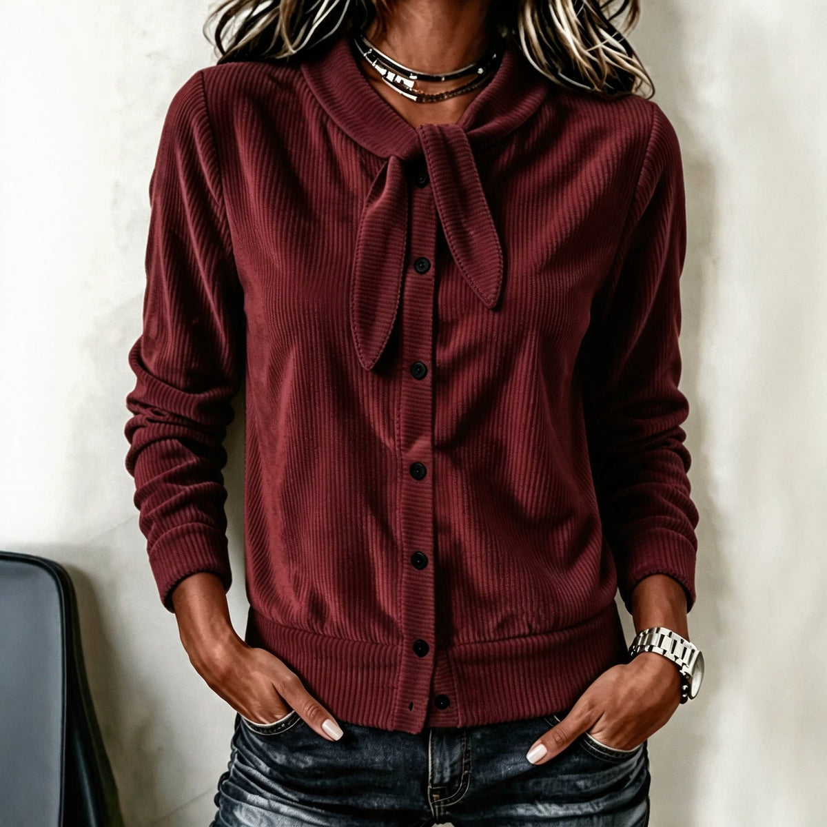 Corduroy Vest Dames – Cardigan Met Strik En Knopen