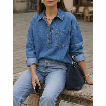 Denim Blouse Dames Met Lange Mouwen – Verbleekte Spijkerlook