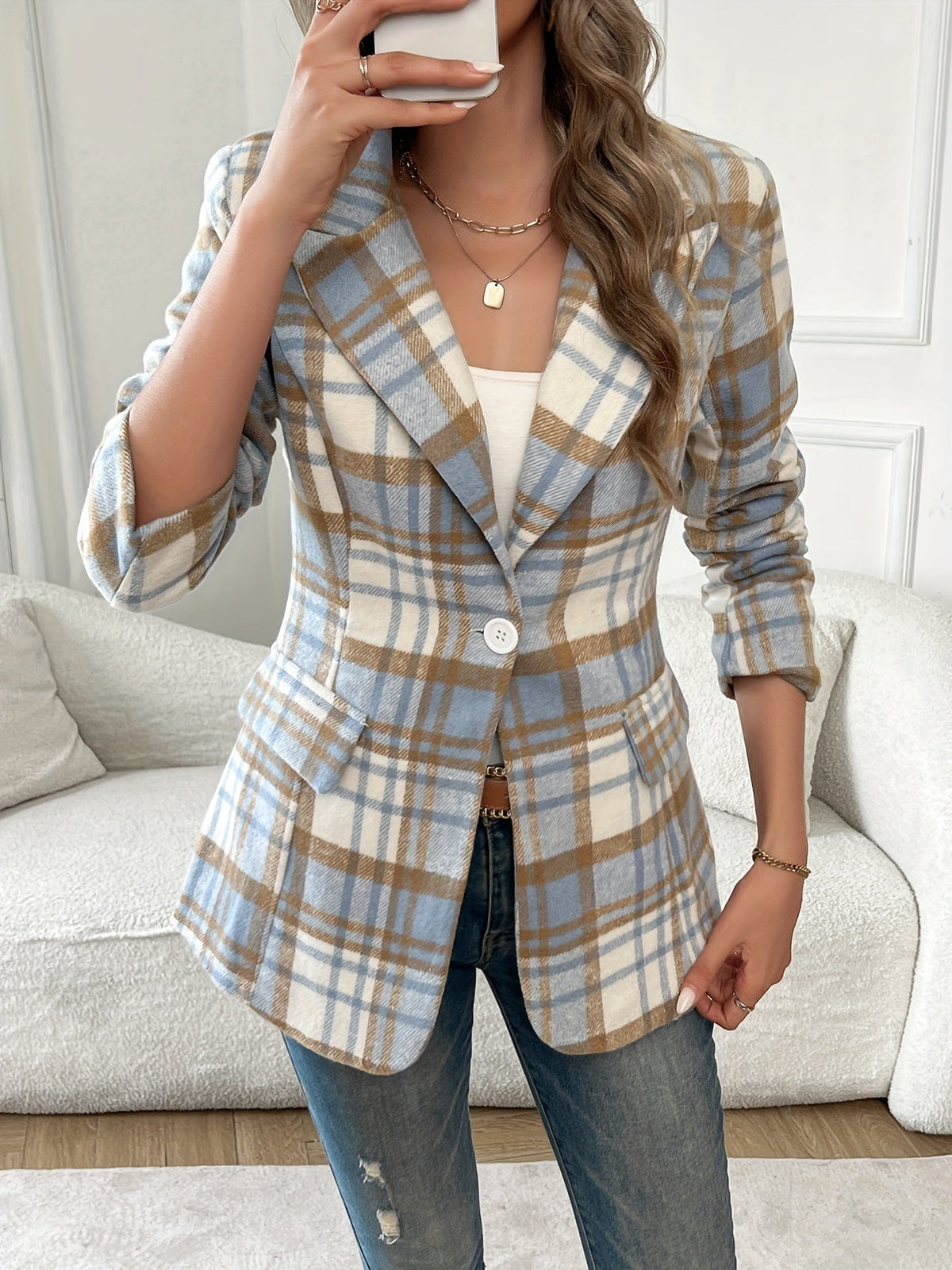 Chique Geruite Blazer Dames – Getailleerd Colbert