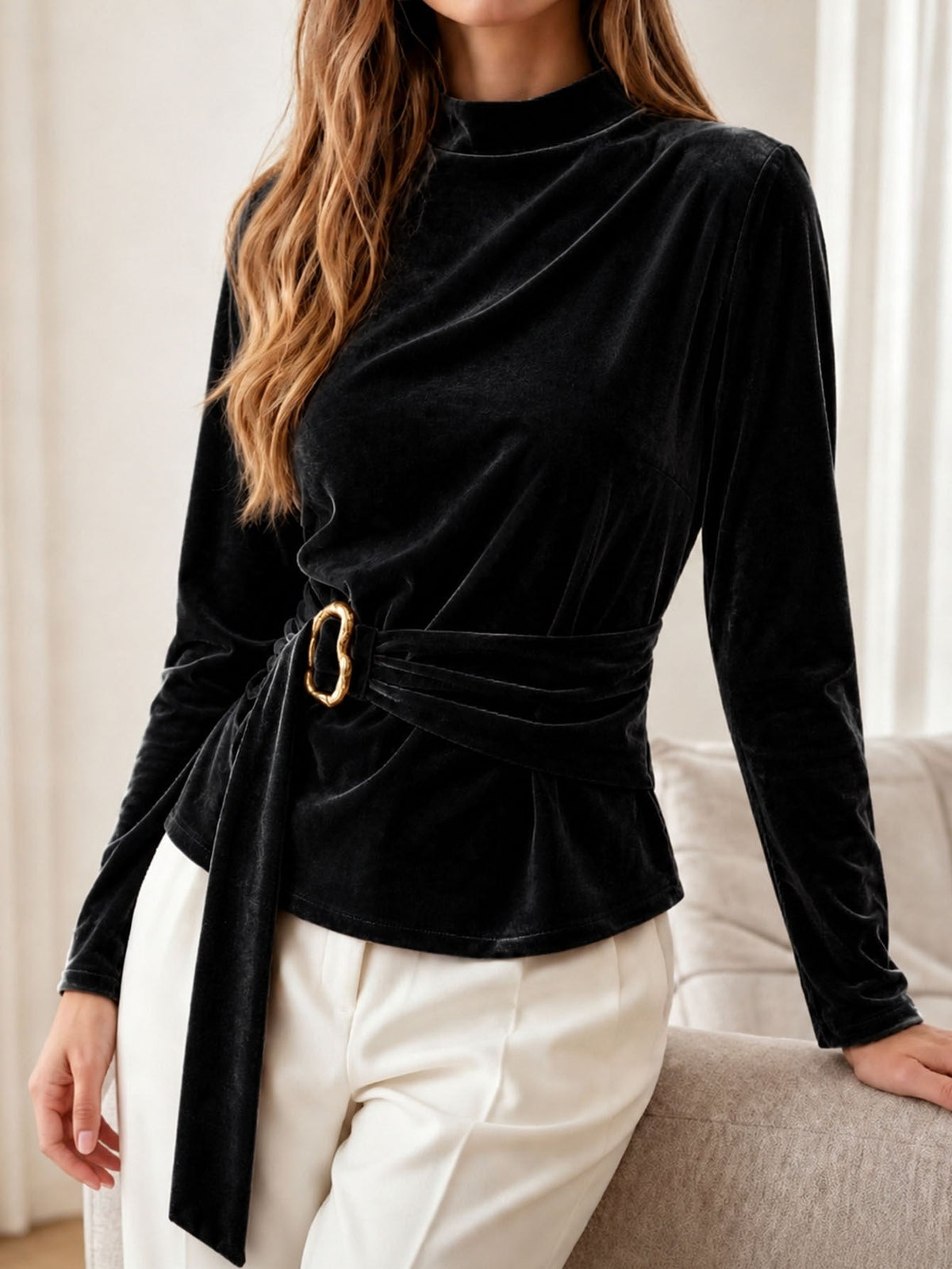 Trui Dames Met Hoge Kraag – Sweater Met Fluwelen Banddetail