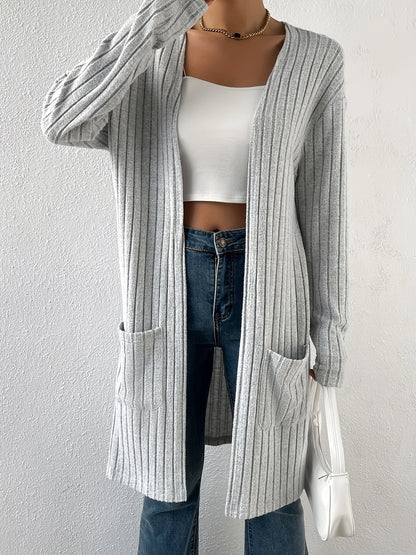Lang Vest Dames – Ribgebreide Cardigan Met Zakken