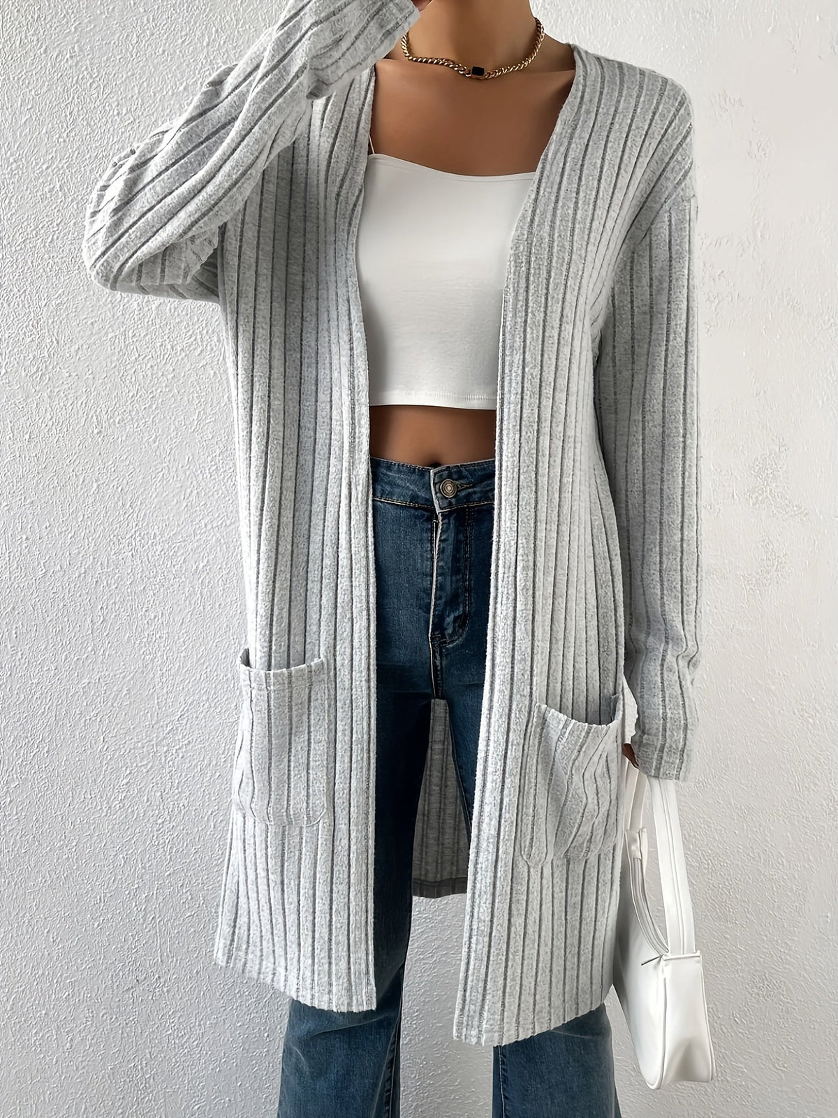 Lange Open Cardigan Dames – Vest Met Ribstructuur
