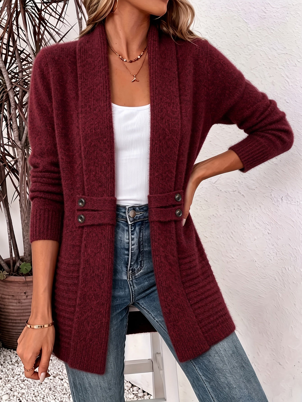 Lang Dames Cardigan Met Sjaalkraag En Decoratieve Knopen