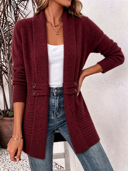 Lang Dames Cardigan Met Sjaalkraag En Decoratieve Knopen