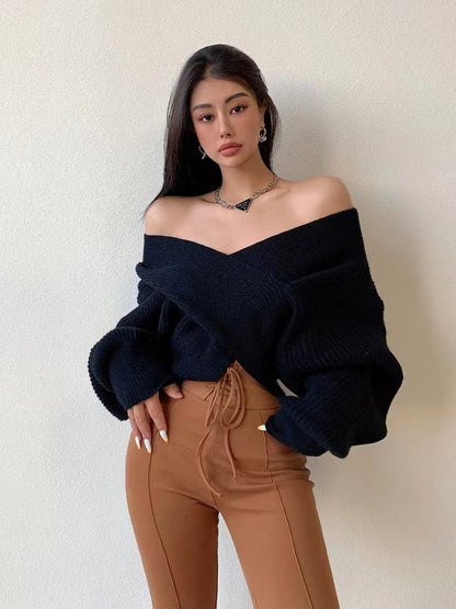 Off Shoulder Trui Dames – Gebreide Trui Met V-Hals