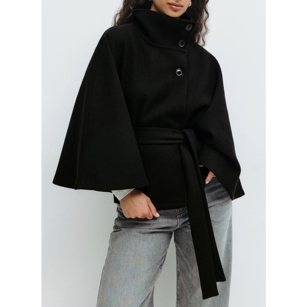 Wollen Cape Jas Voor Dames Met Hoge Kraag En Ceintuur