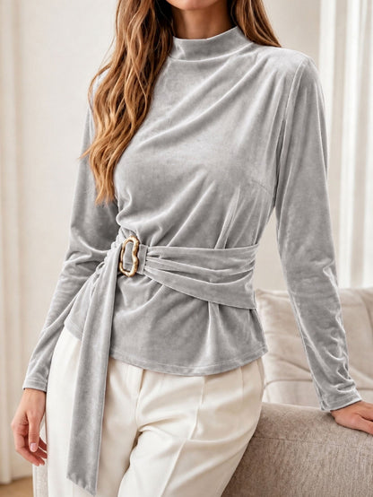 Trui Dames Met Hoge Kraag – Sweater Met Fluwelen Banddetail