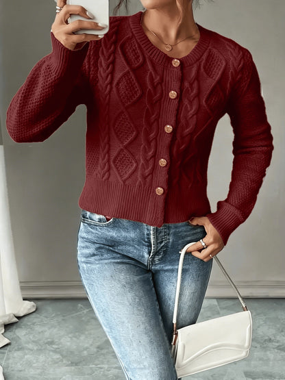 Dames Gebreid Korte Cardigan Met Kabelpatroon En Gouden Knopen