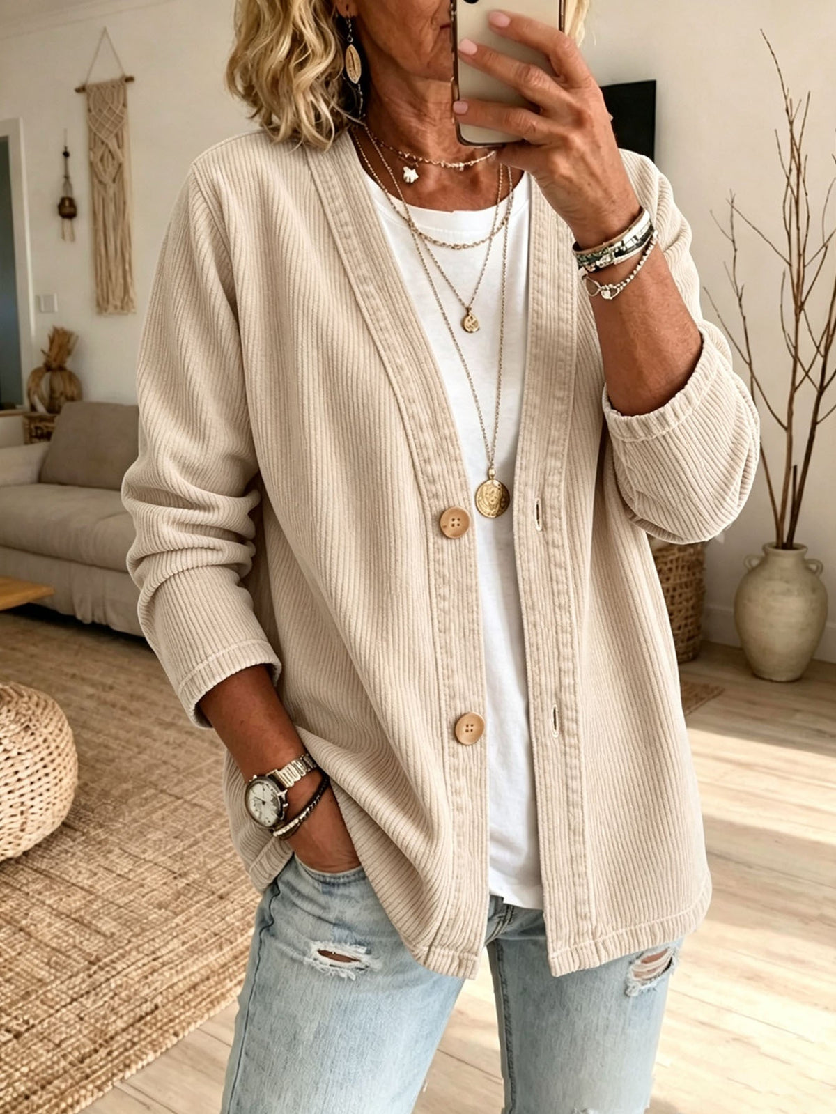 Corduroy Vest Dames – Cardigan Met V-Hals En Ribstructuur