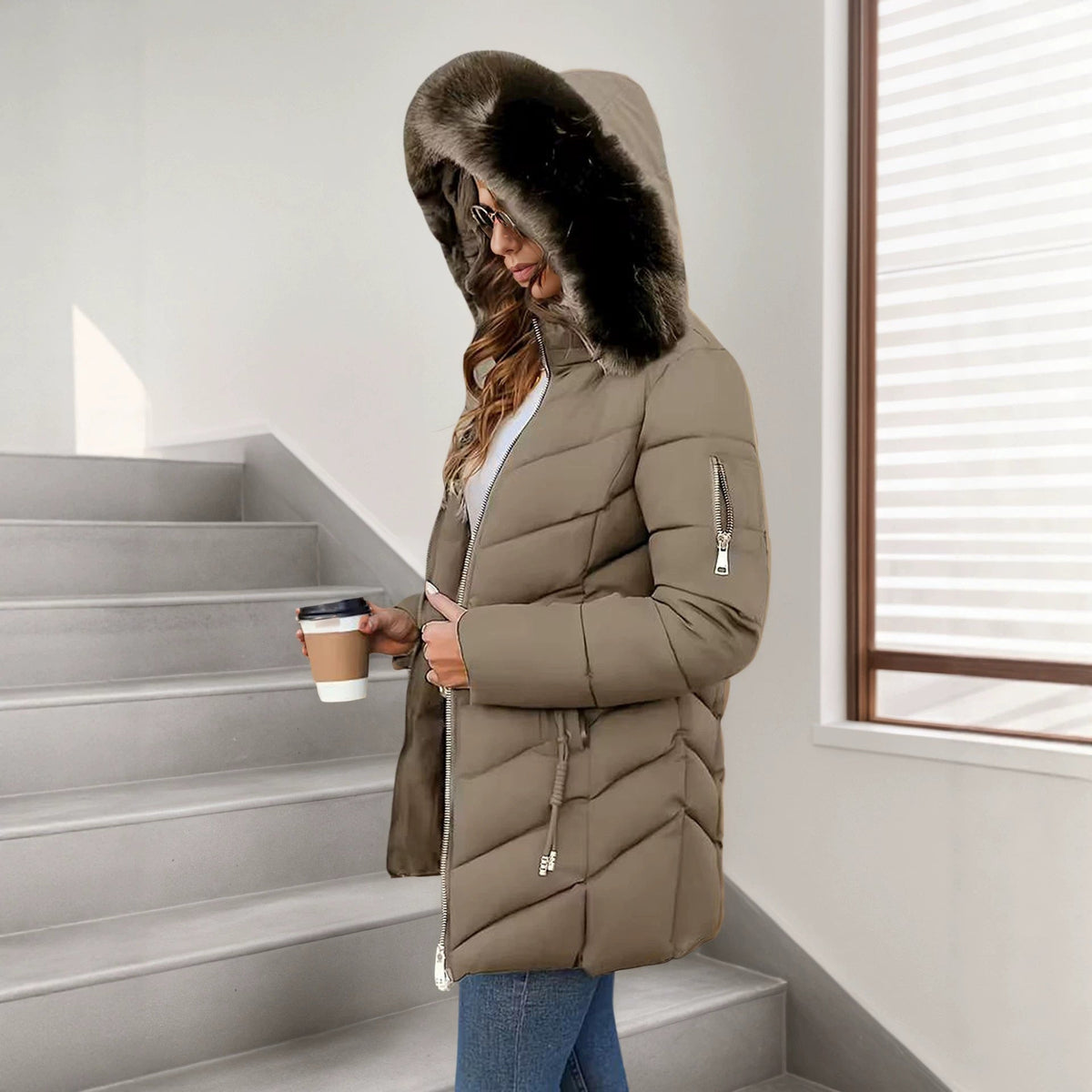 Gewatteerde Winterjas Dames Met Capuchon – Puffer Jas Met Bontkraag