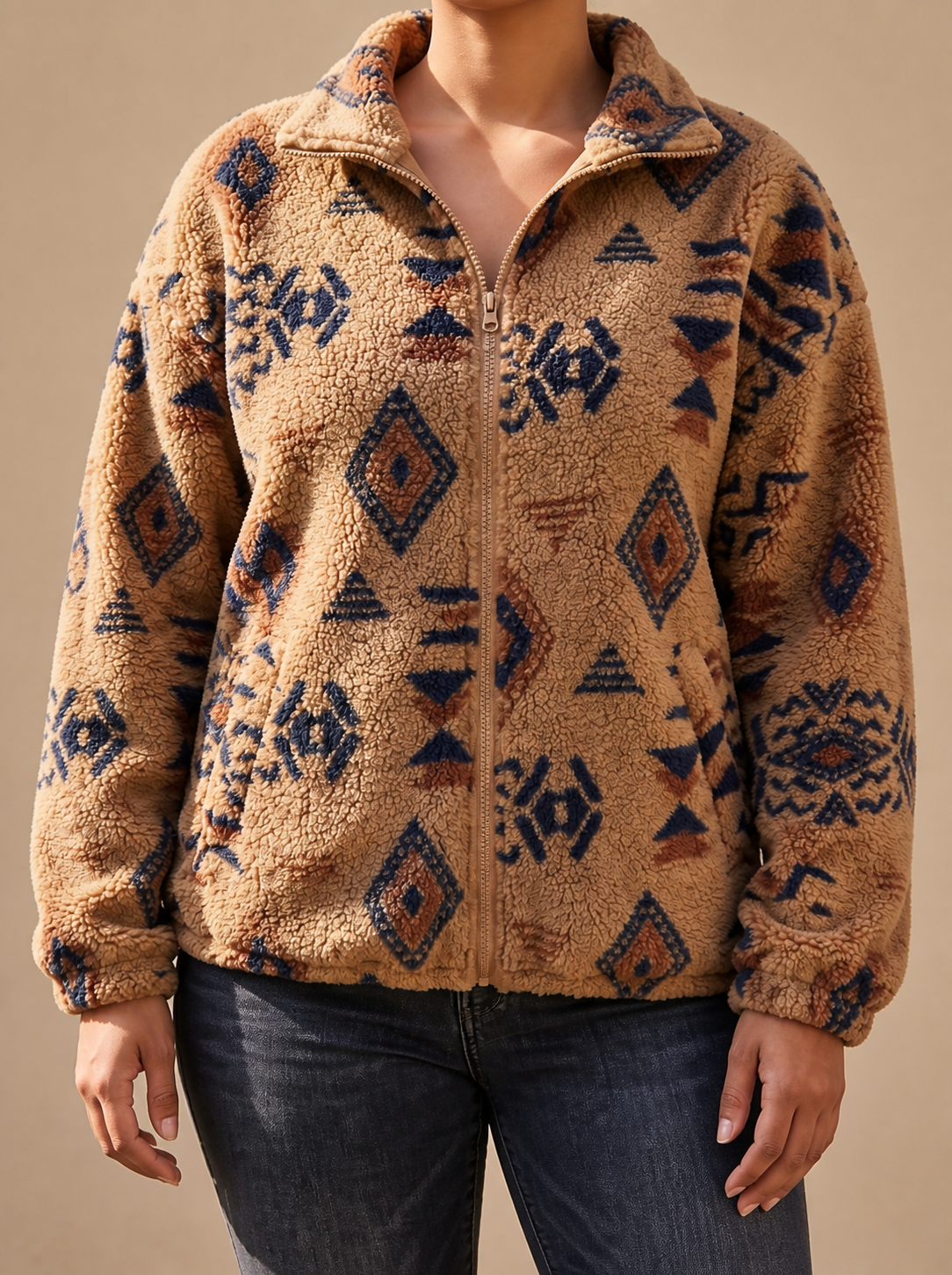 Bruine Dames Teddy Jas Met Opstaande Kraag En Geometrisch Patroon